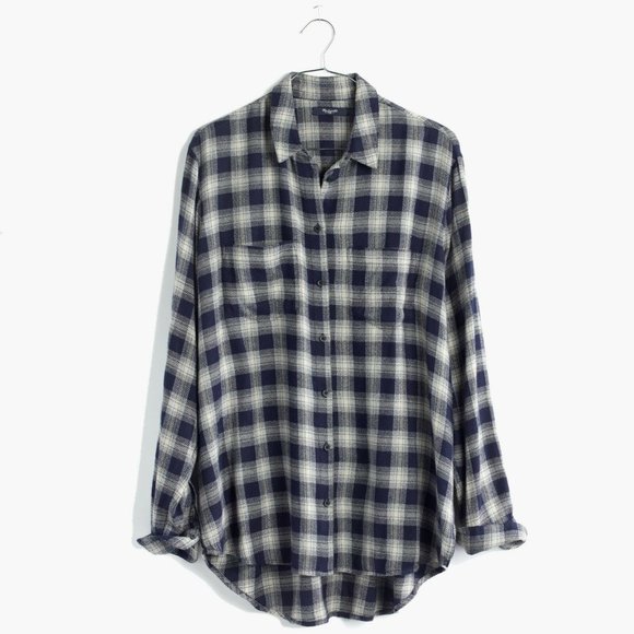 Madewell Andover Blue & Gray Flannel Oversized Boyshirt Plaid Button Up Top XXS - Picture 5 of 6